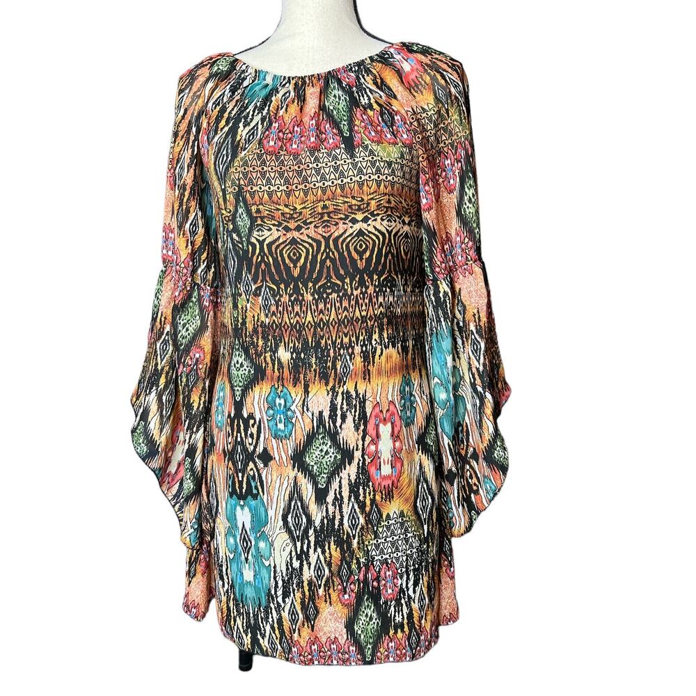 New Truth NYC MIni Dress in Abstract Southwest Print Bell Sleeves Size Small